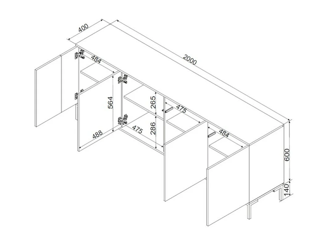 Credenza Polo nera e legno a 4 ante, 200 cm