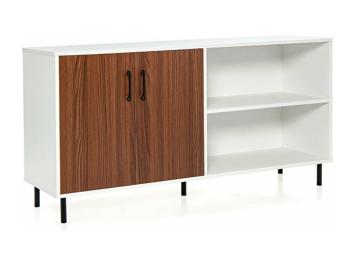 Credenza soggiorno con 2 ante e 2 vani cassettiera mobile contenitore 4 gambe rialzate in metallo 148 x 40 x 75 cm marrone bianco 20_0005634