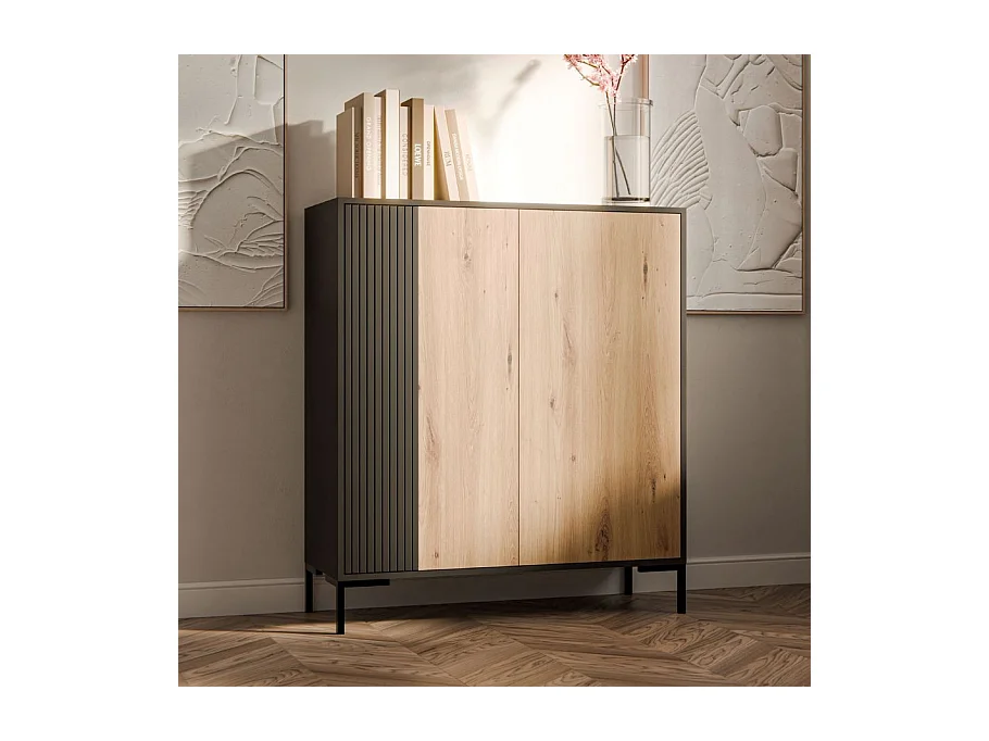 Buffet haut noir et bois L. 100 cm x H. 129 Polo