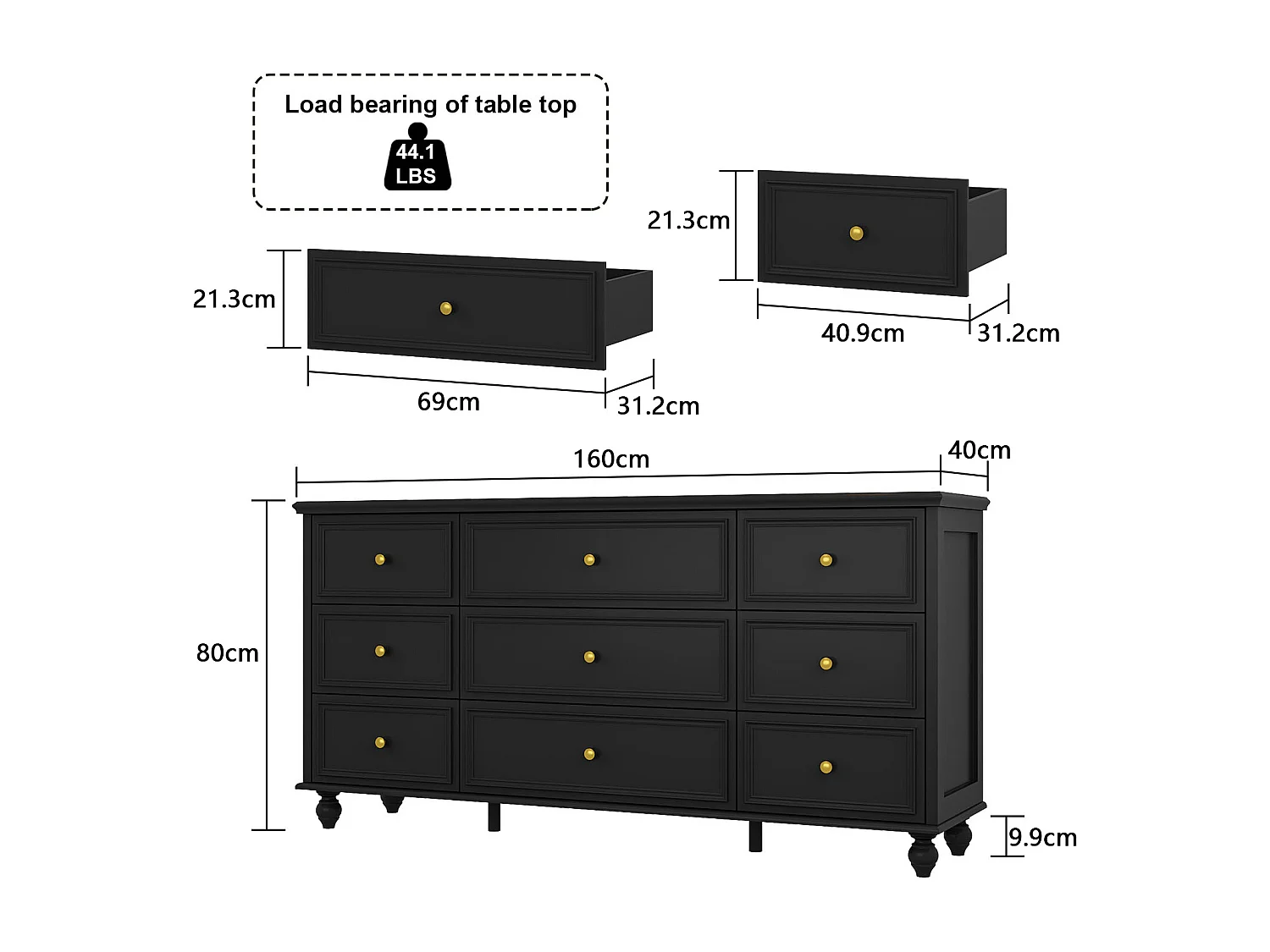 Grande commode avec 9 Tiroirs pour Chambre et Salon, Armoire de Chambre Sculptée avec Poignées Dorées, 160x40x80, Noir