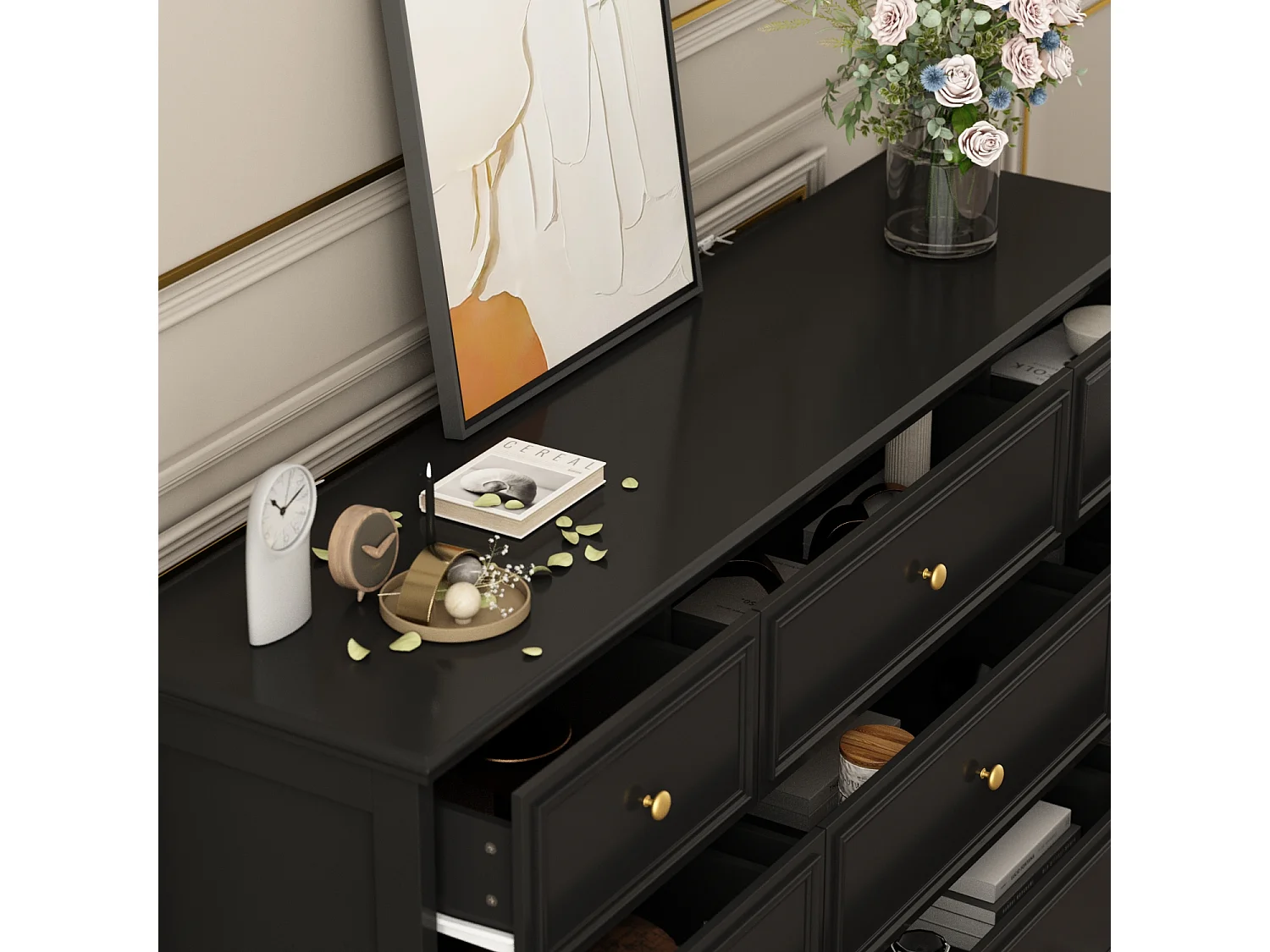 Grande commode avec 9 Tiroirs pour Chambre et Salon, Armoire de Chambre Sculptée avec Poignées Dorées, 160x40x80, Noir