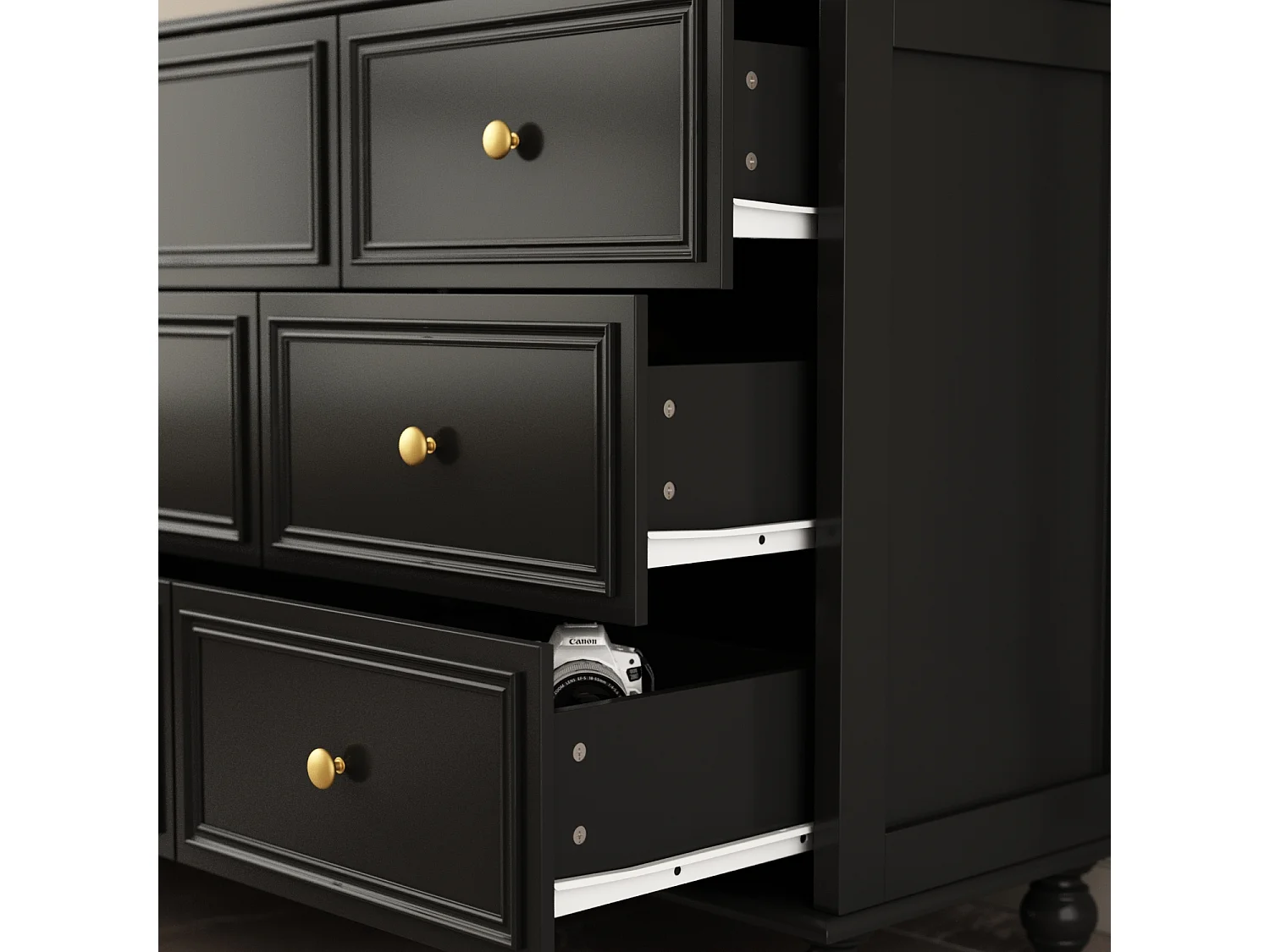 Grande commode avec 9 Tiroirs pour Chambre et Salon, Armoire de Chambre Sculptée avec Poignées Dorées, 160x40x80, Noir