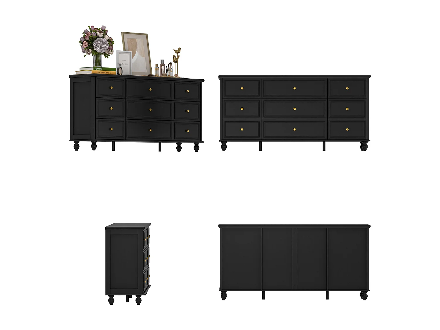 Grande commode avec 9 Tiroirs pour Chambre et Salon, Armoire de Chambre Sculptée avec Poignées Dorées, 160x40x80, Noir