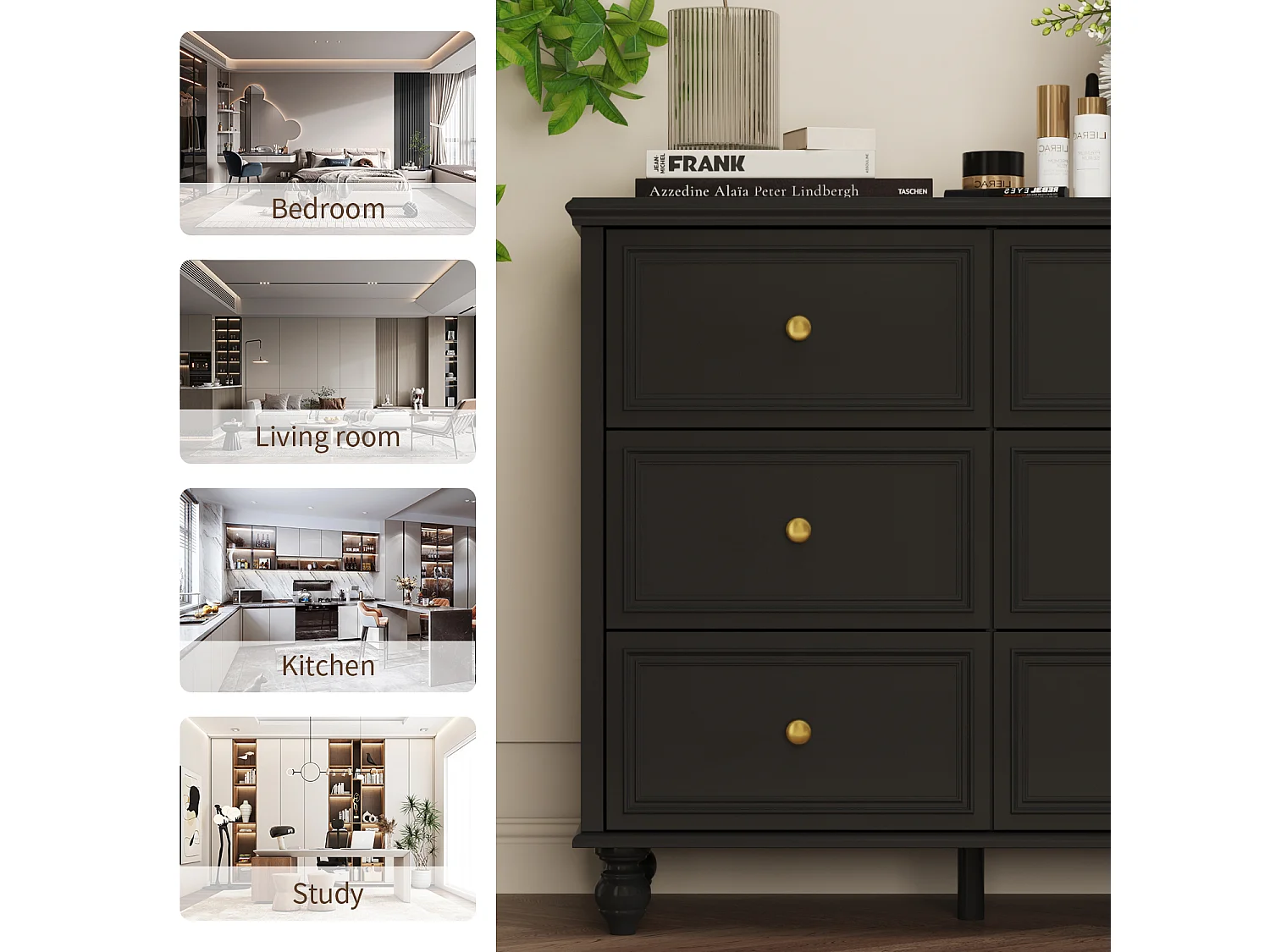 Grande commode avec 9 Tiroirs pour Chambre et Salon, Armoire de Chambre Sculptée avec Poignées Dorées, 160x40x80, Noir