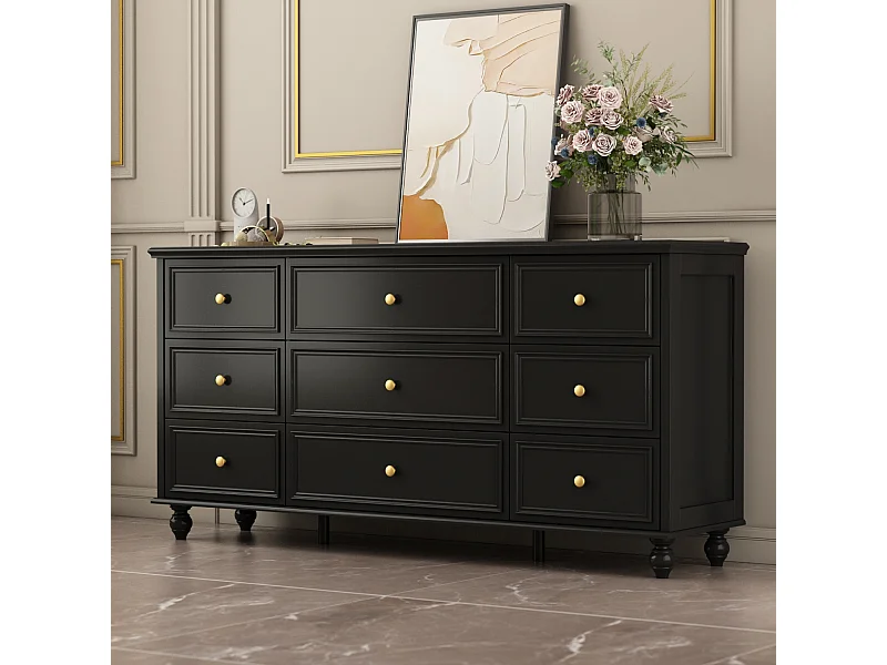 Grande commode avec 9 Tiroirs pour Chambre et Salon, Armoire de Chambre Sculptée avec Poignées Dorées, 160x40x80, Noir