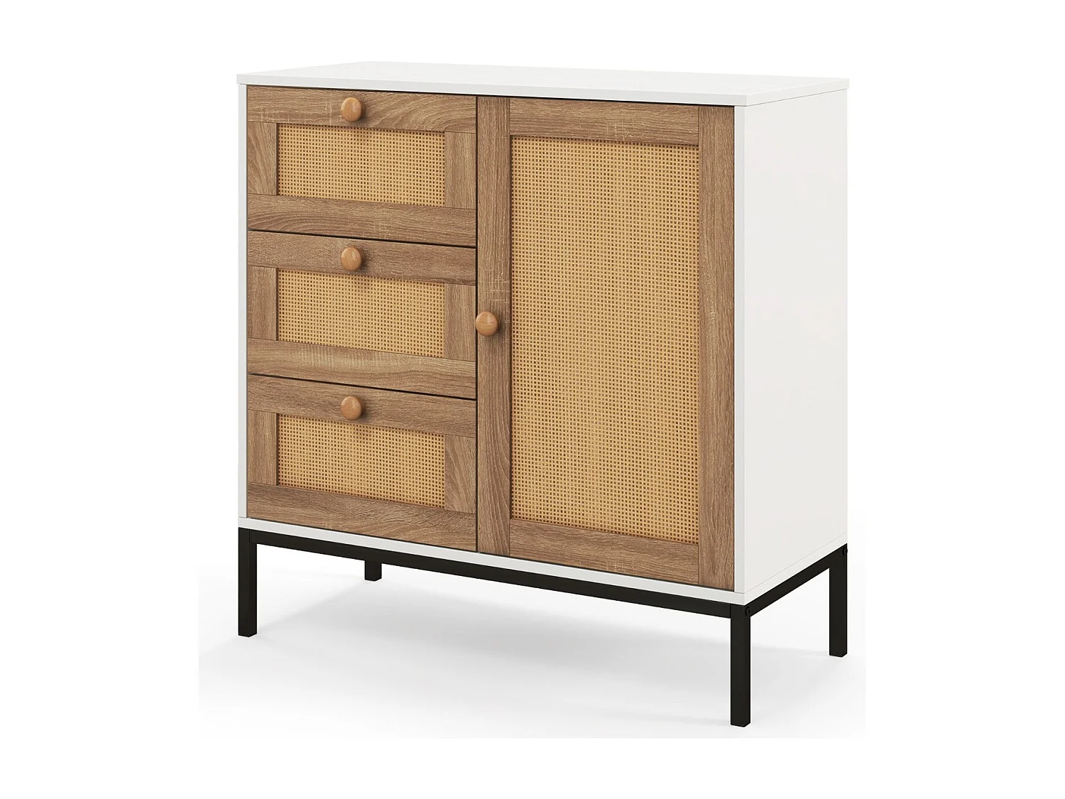 Credenza bassa in finto rattan con 1 anta con ripiani e 3 cassetti consolle bohémien autoportante per cucina soggiorno bianco 20_0007956