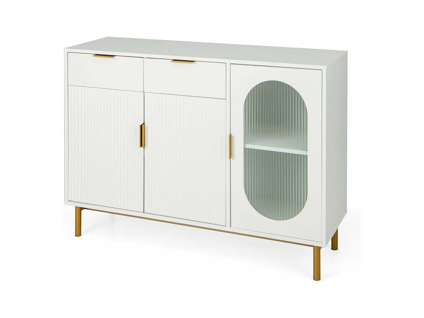 Credenza da cucina con 3 ante e 2 cassetti con dispositivo antiribaltamento in vetro traslucido 120 x 40 x 88 cm bianco 20_0007951