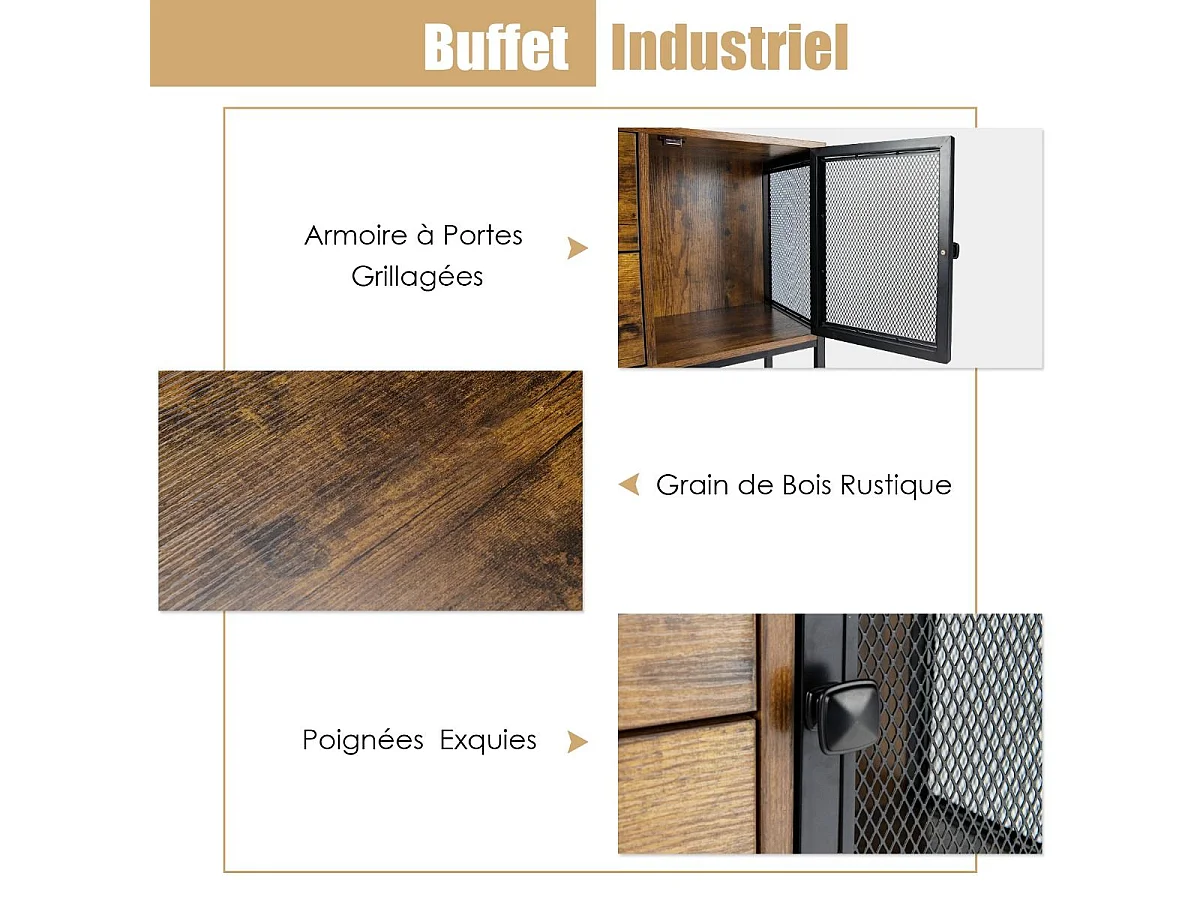 Aparador de cocina con 2 armarios 2 cajones y estante inferior estilo industrial para salón pasillo cocina 20_0004748