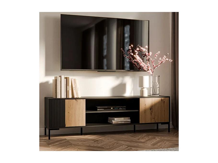 Meuble télé 180 cm noir et bois Polo