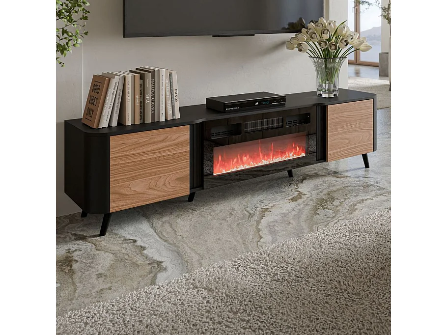 Porta TV 200cm - nero e legno - camino illuminato e riscaldato - Lucky