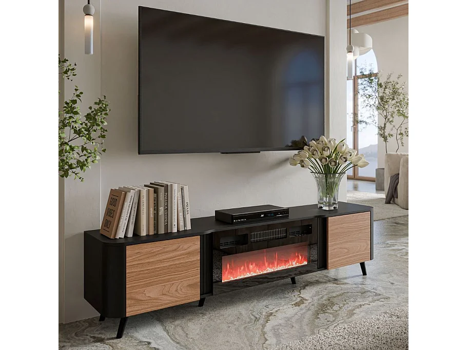 Porta TV 200cm - nero e legno - camino illuminato e riscaldato - Lucky