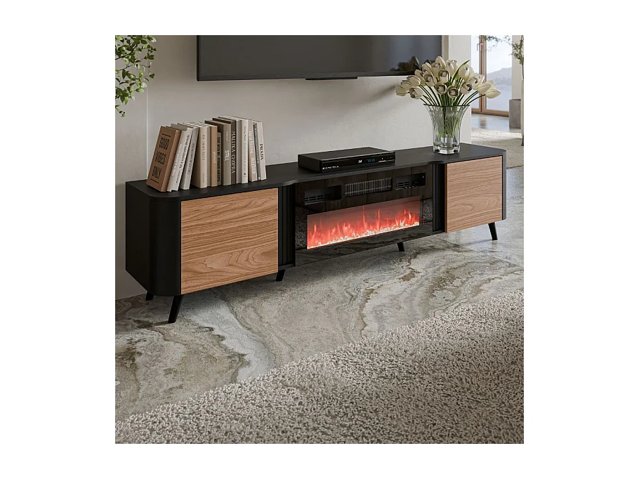 Meuble TV 200cm - noir et bois - cheminée lumineuse et chauffante - Lucky