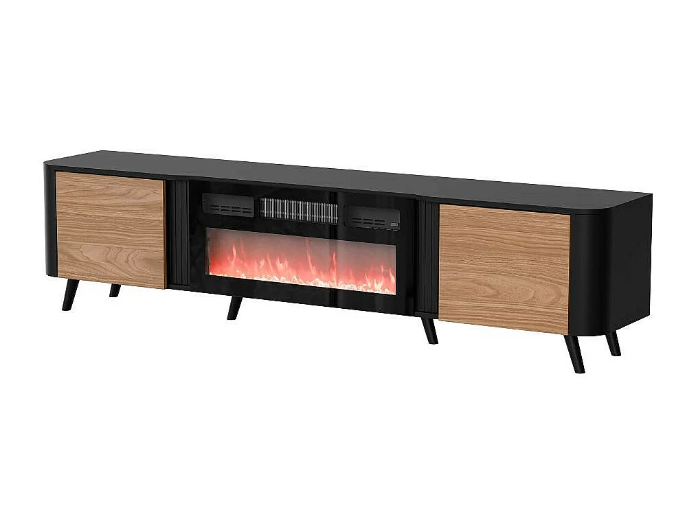 Meuble TV 200cm - noir et bois - cheminée lumineuse et chauffante - Lucky