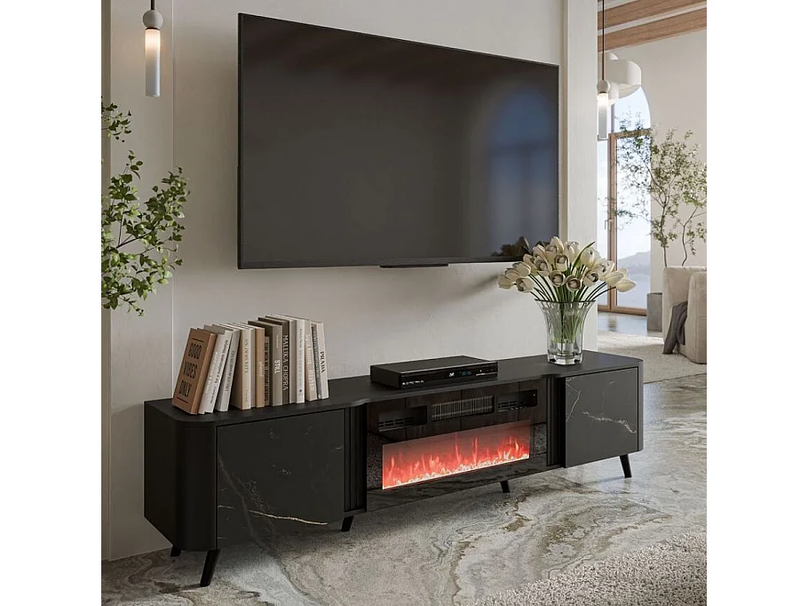 Mueble de TV negro de 200 cm - efecto mármol - con chimenea Lucky