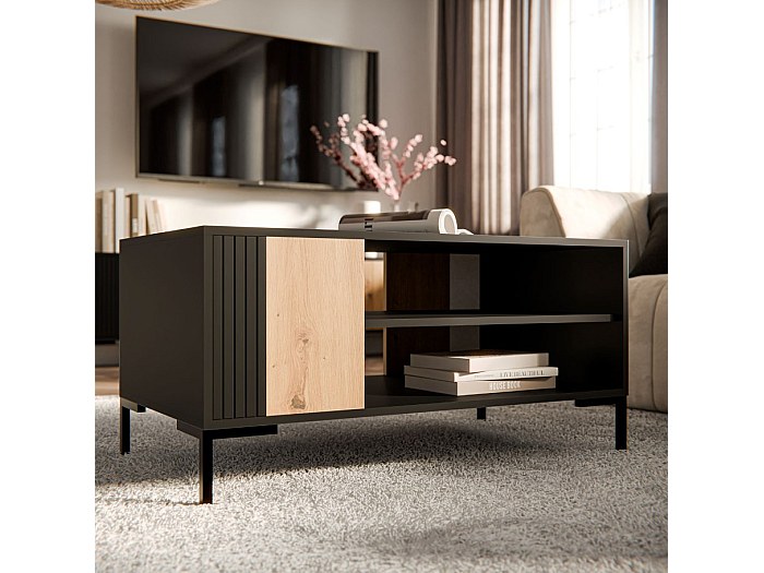 Table Basse Relevable LED - 100x50x45 Cm - Avec 2 Tiroirs Et 2 Tabourets - Hauteur Réglable, Éclairage Smartphone - Noir Brillant