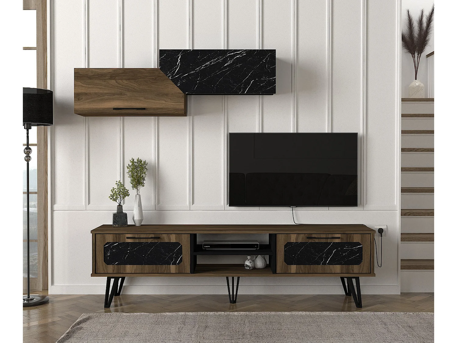 Wohnwand Lampert Walnuss Marmor Optik