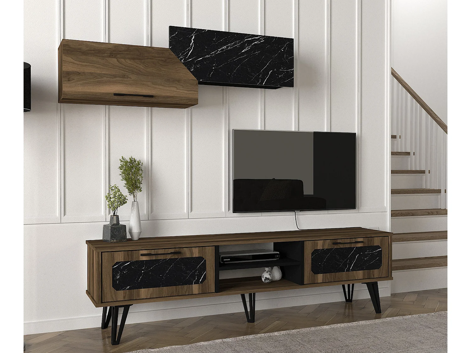 Wohnwand Lampert Walnuss Marmor Optik