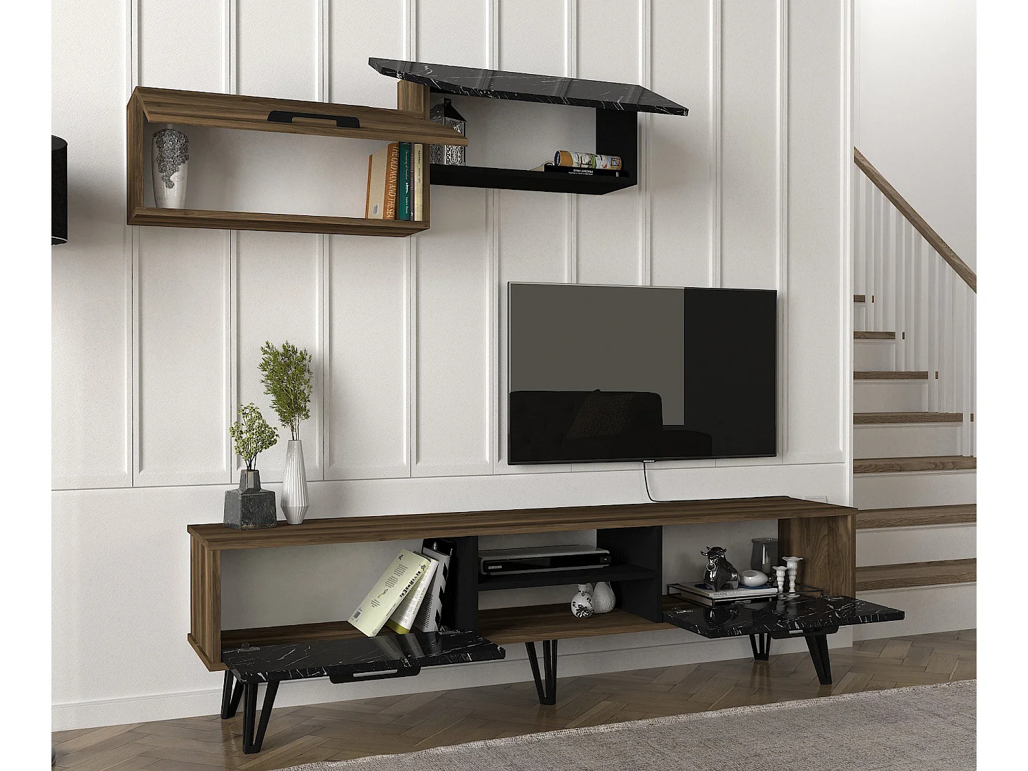 Wohnwand Lampert Walnuss Marmor Optik