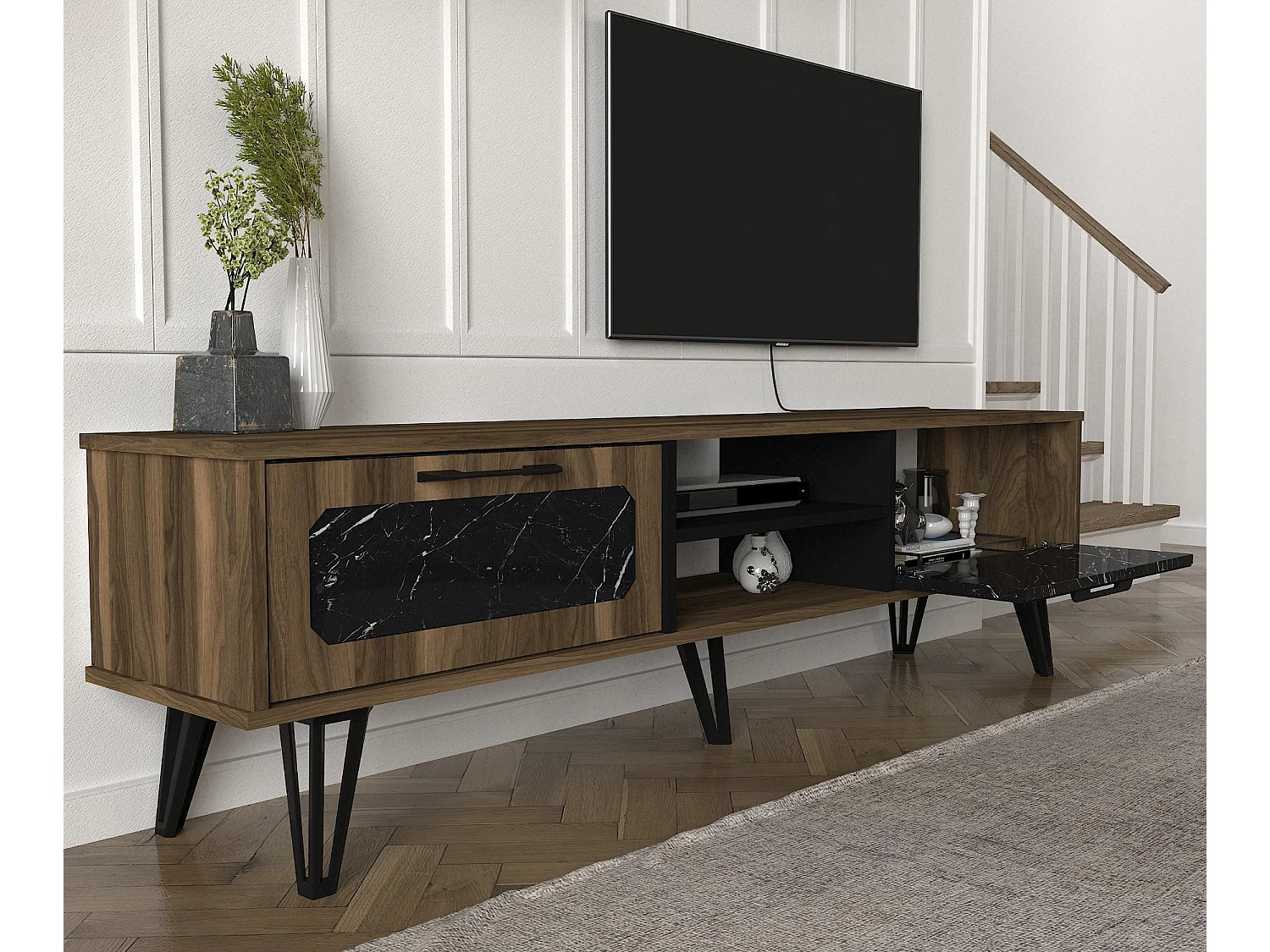 Wohnwand Lampert Walnuss Marmor Optik