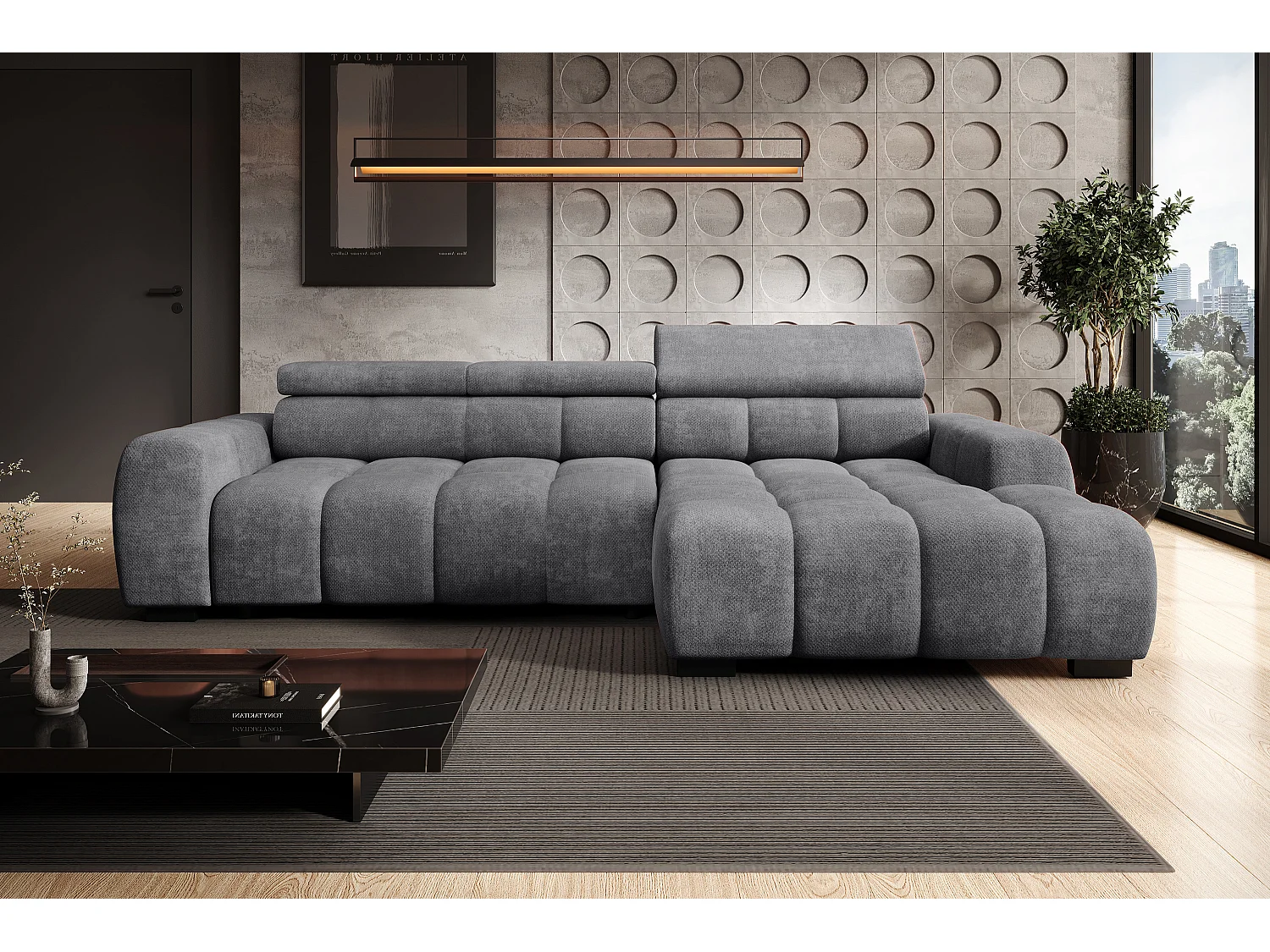 Canapé OMBO – moderne, siège réglable, sans fonction couchage, Eden, disposition droite, 285x168x97 cm, couleur gris anthracite