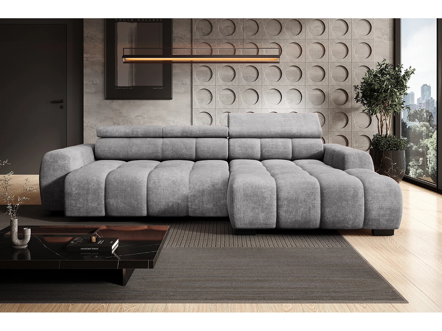 Canapé OMBO – moderne, siège réglable, sans fonction couchage, Eden, disposition droite, 285x168x97 cm, couleur gris clair