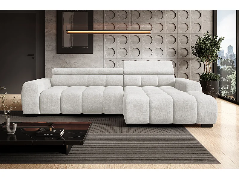 Ecksofa OMBO – modern, verstellbarer Sitz, ohne Schlafplatz, Eden, linke Ausführung, 285x168x97 cm, Farbe Hellgrau