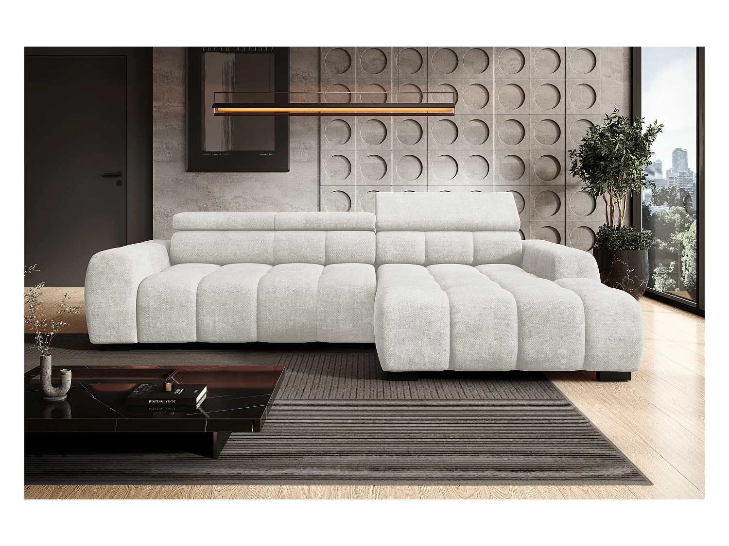 Canapé OMBO – moderne, siège réglable, sans fonction couchage, Eden, disposition gauche, 285x168x97 cm, couleur gris clair
