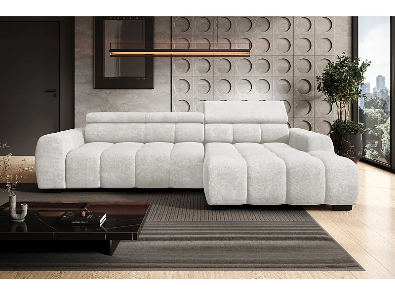 Ecksofa OMBO – modern, verstellbarer Sitz, ohne Schlafplatz, Eden, rechte Ausführung, 285x168x97 cm, Farbe Hellgrau