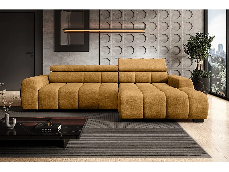 Ecksofa OMBO – modern, verstellbarer Sitz, ohne Schlafplatz, Eden, rechte Ausführung, 285x168x97 cm, Farbe Gold