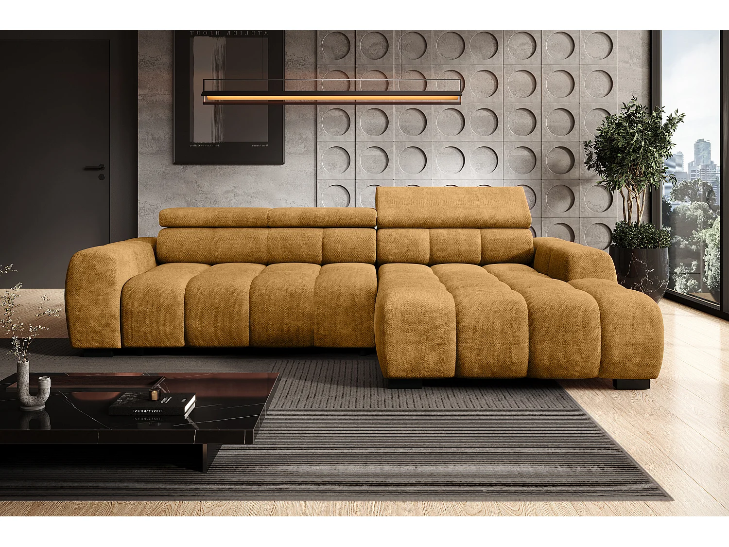 Ecksofa OMBO – modern, verstellbarer Sitz, ohne Schlafplatz, Eden, rechte Ausführung, 285x168x97 cm, Farbe Gold