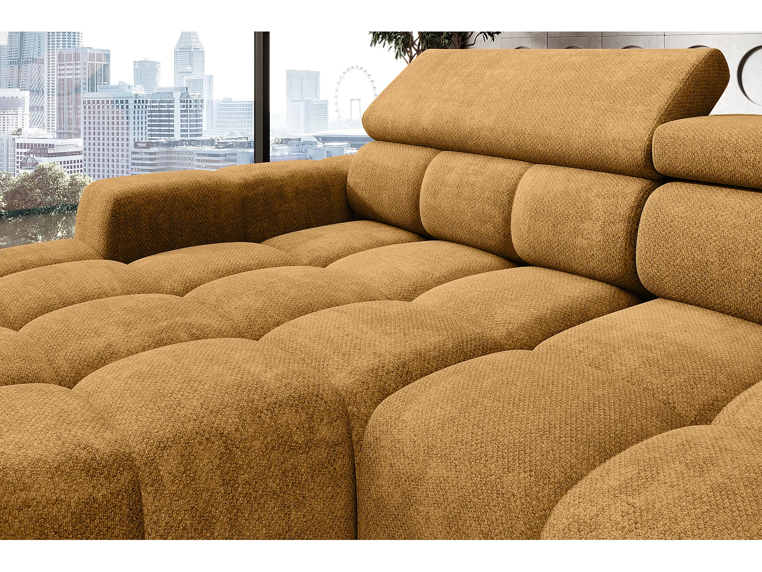 Ecksofa OMBO – modern, verstellbarer Sitz, ohne Schlafplatz, Eden, rechte Ausführung, 285x168x97 cm, Farbe Gold
