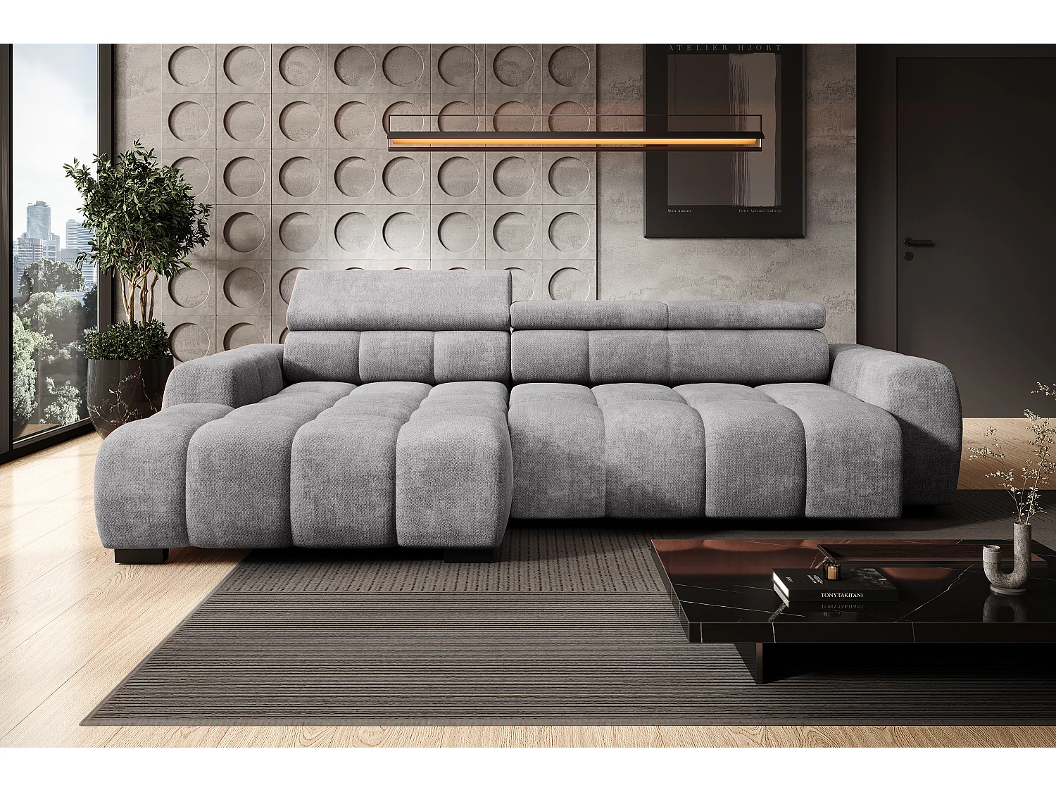 Canapé OMBO – moderne, siège réglable, sans fonction couchage, Eden, disposition gauche, 285x168x97 cm, couleur gris clair