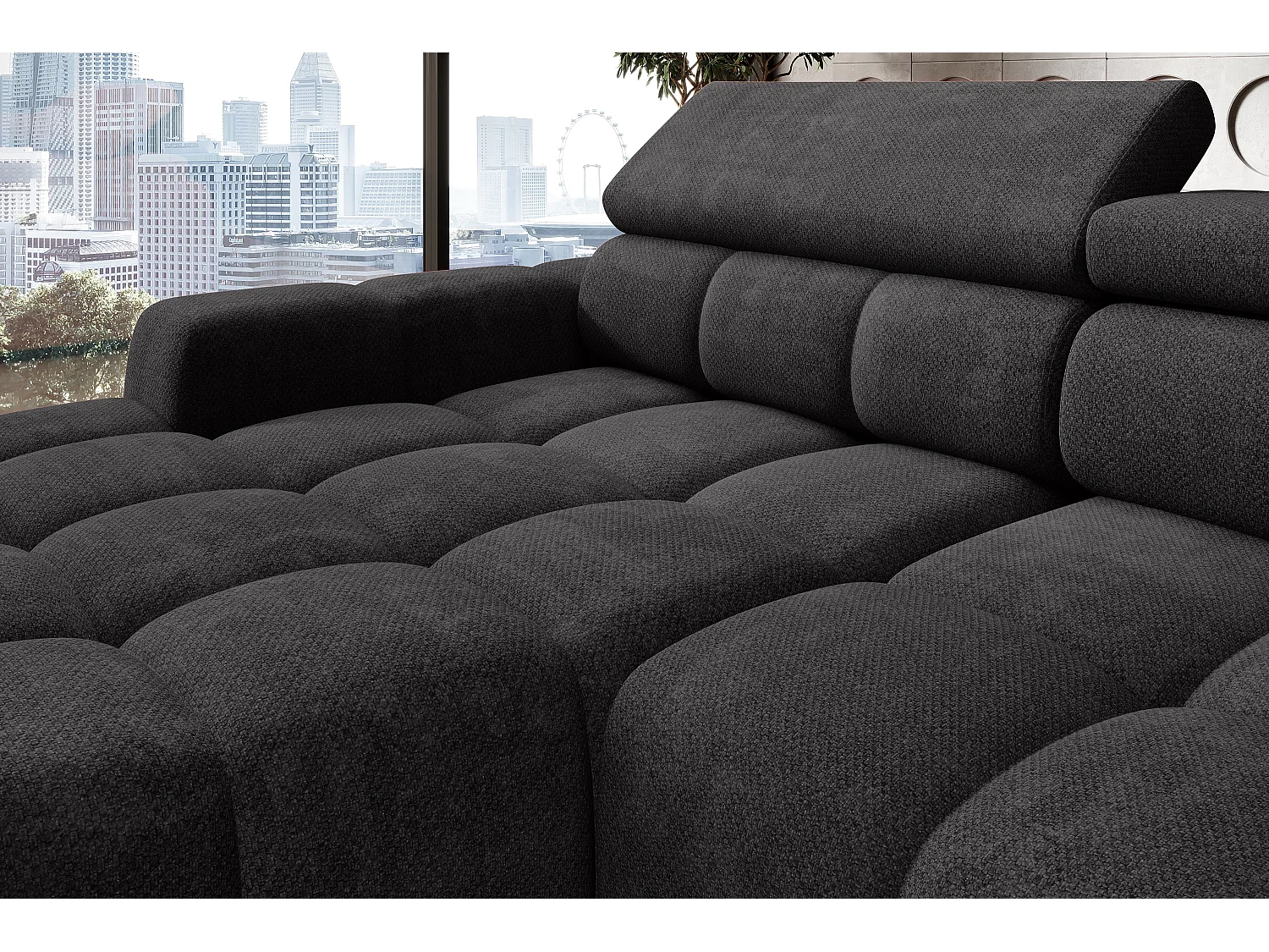 Ecksofa OMBO – modern, verstellbarer Sitz, ohne Schlafplatz, Eden, linke Ausführung, 285x168x97 cm, Farbe Schwarz