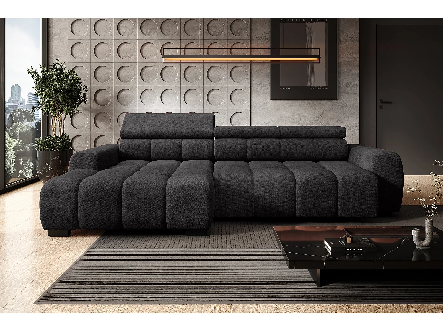 Canapé OMBO – moderne, siège réglable, sans fonction couchage, Eden, disposition gauche, 285x168x97 cm, couleur noir