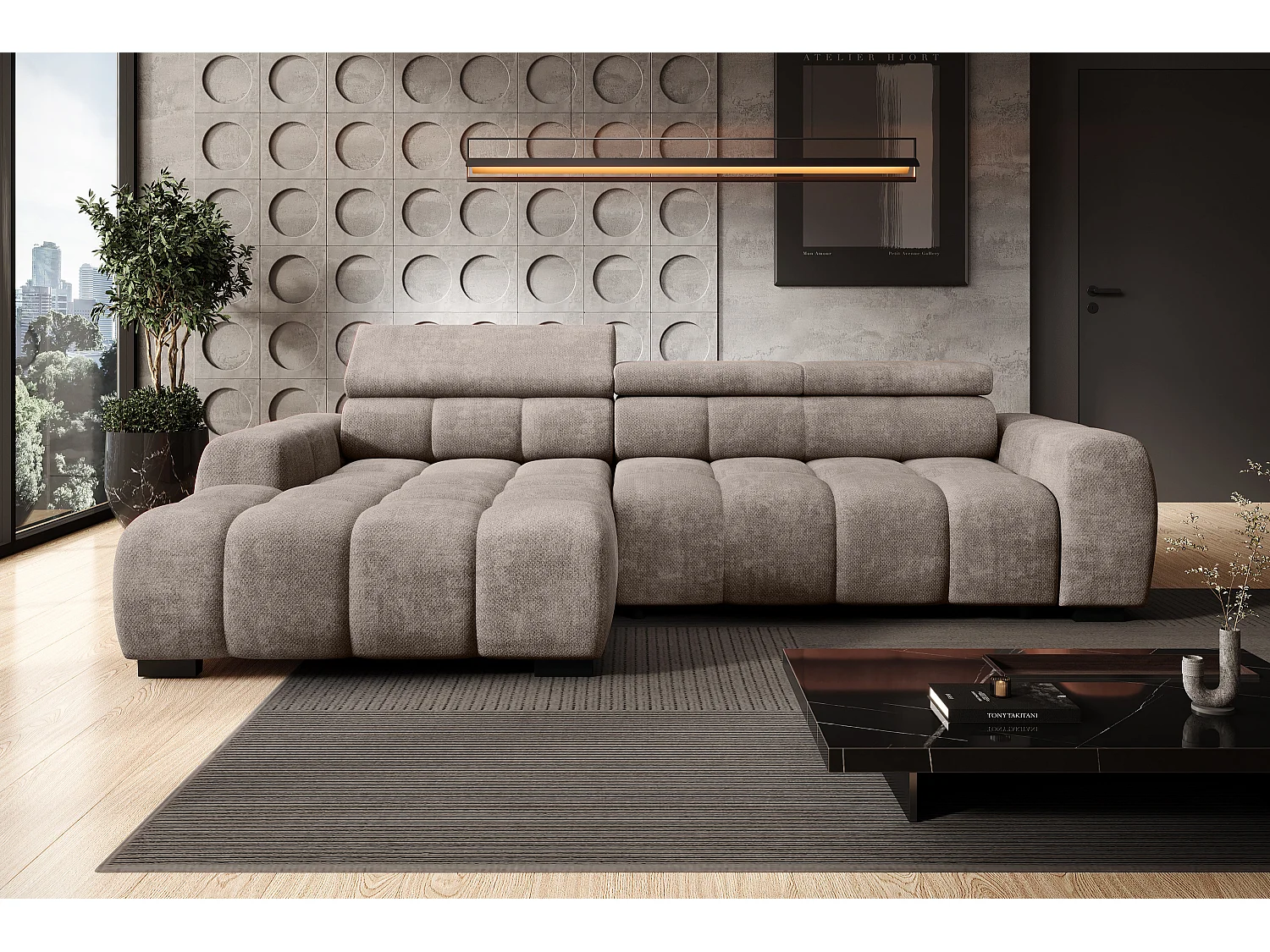 Canapé OMBO – moderne, siège réglable, sans fonction couchage, Eden, disposition gauche, 285x168x97 cm, couleur beige foncé