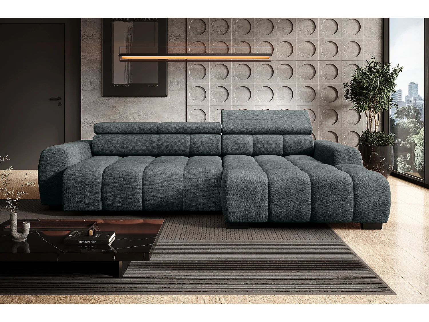 Canapé OMBO – moderne, siège réglable, sans fonction couchage, Eden, disposition droite, 285x168x97 cm, couleur bleu marine