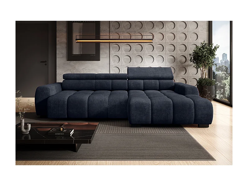 Ecksofa OMBO – modern, verstellbarer Sitz, ohne Schlafplatz, Eden, rechte Ausführung, 285x168x97 cm, Farbe Dunkelblau