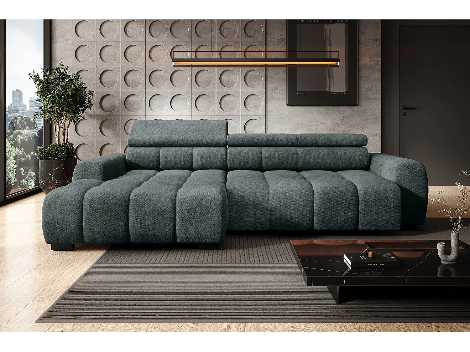 Ecksofa OMBO – modern, verstellbarer Sitz, ohne Schlafplatz, Eden, linke Ausführung, 285x168x97 cm, Farbe Türkis
