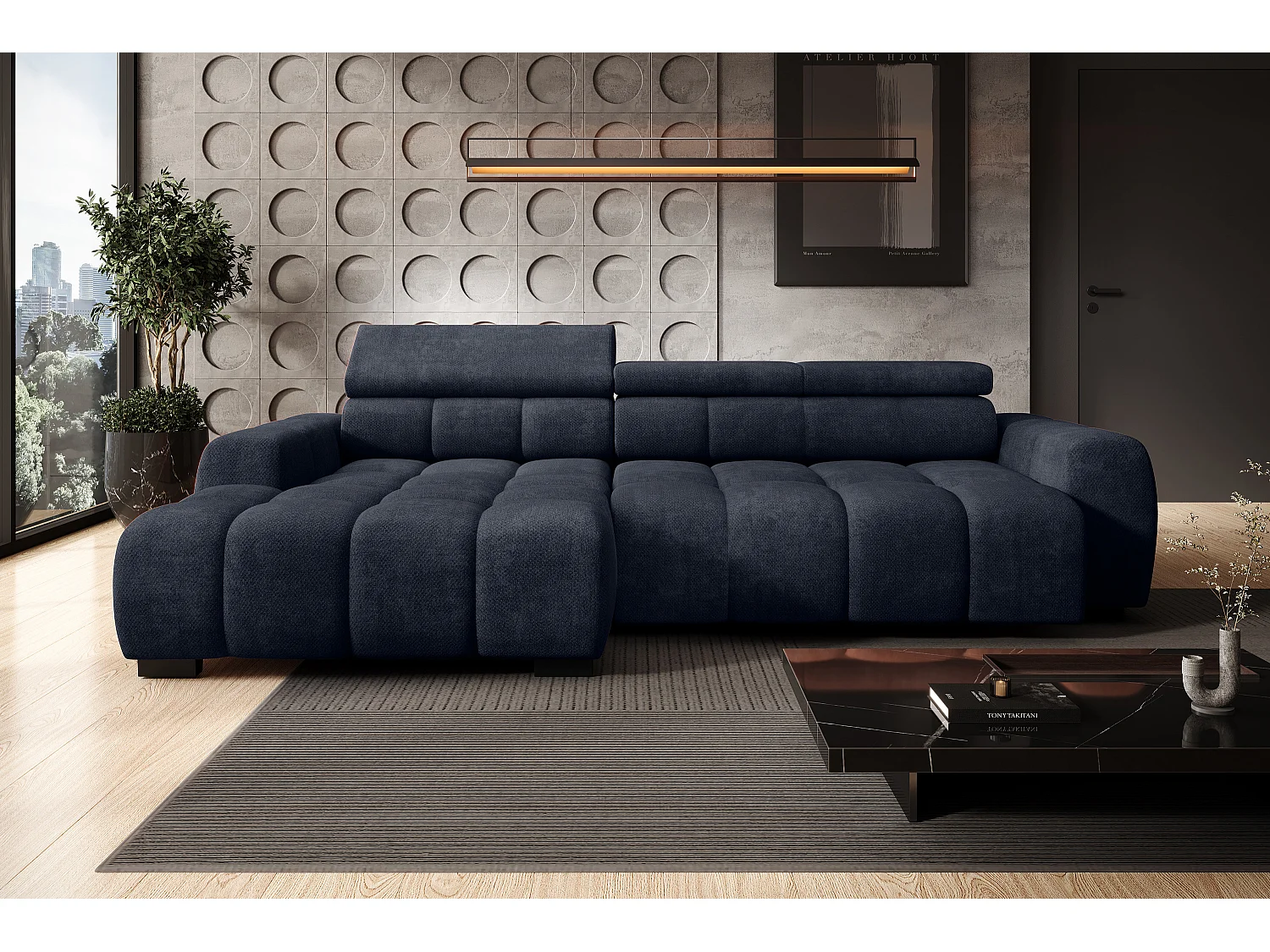 Hoekbank OMBO – modern, verstelbare zitting, zonder slaapfunctie, Eden, linkeropstelling, 285x168x97 cm, kleur donkerblauw