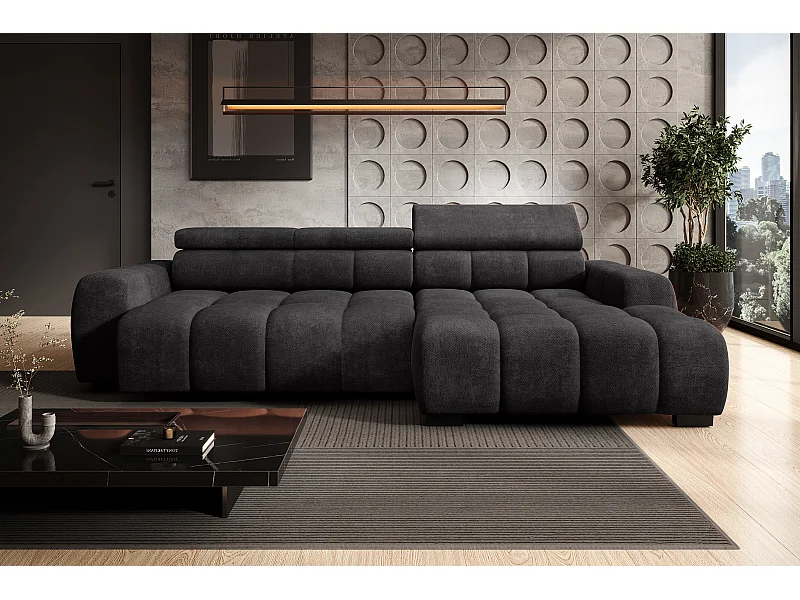 Ecksofa OMBO – modern, verstellbarer Sitz, ohne Schlafplatz, Eden, rechte Ausführung, 285x168x97 cm, Farbe Schwarz