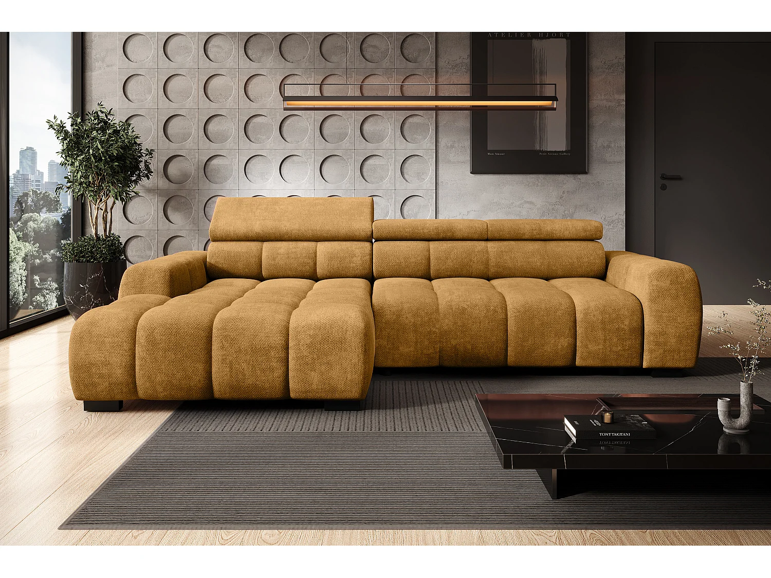 Hoekbank OMBO – modern, verstelbare zitting, zonder slaapfunctie, Eden, linkeropstelling, 285x168x97 cm, kleur goud