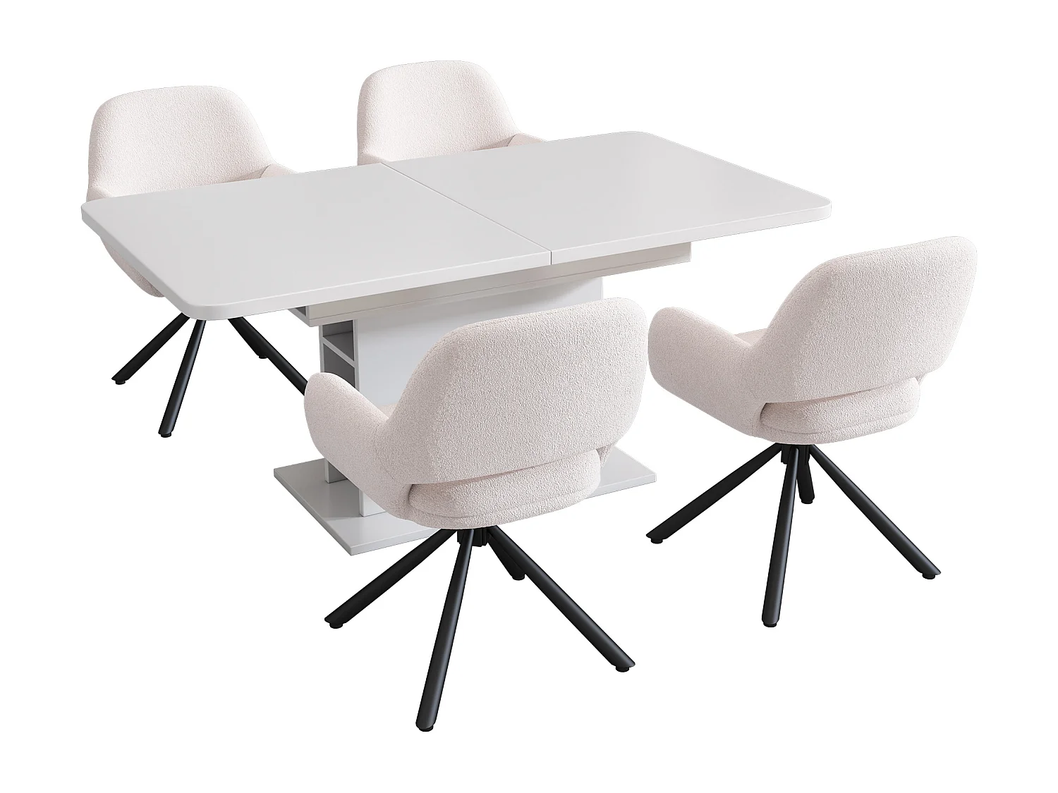 Juego de mesas y sillas de comedor elegantes y coordinados.