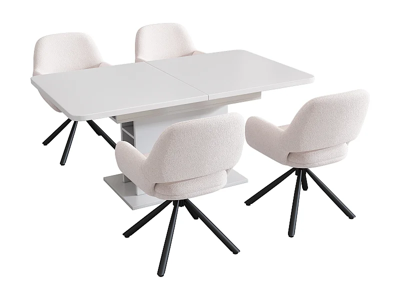 Juego de mesas y sillas de comedor elegantes y coordinados.