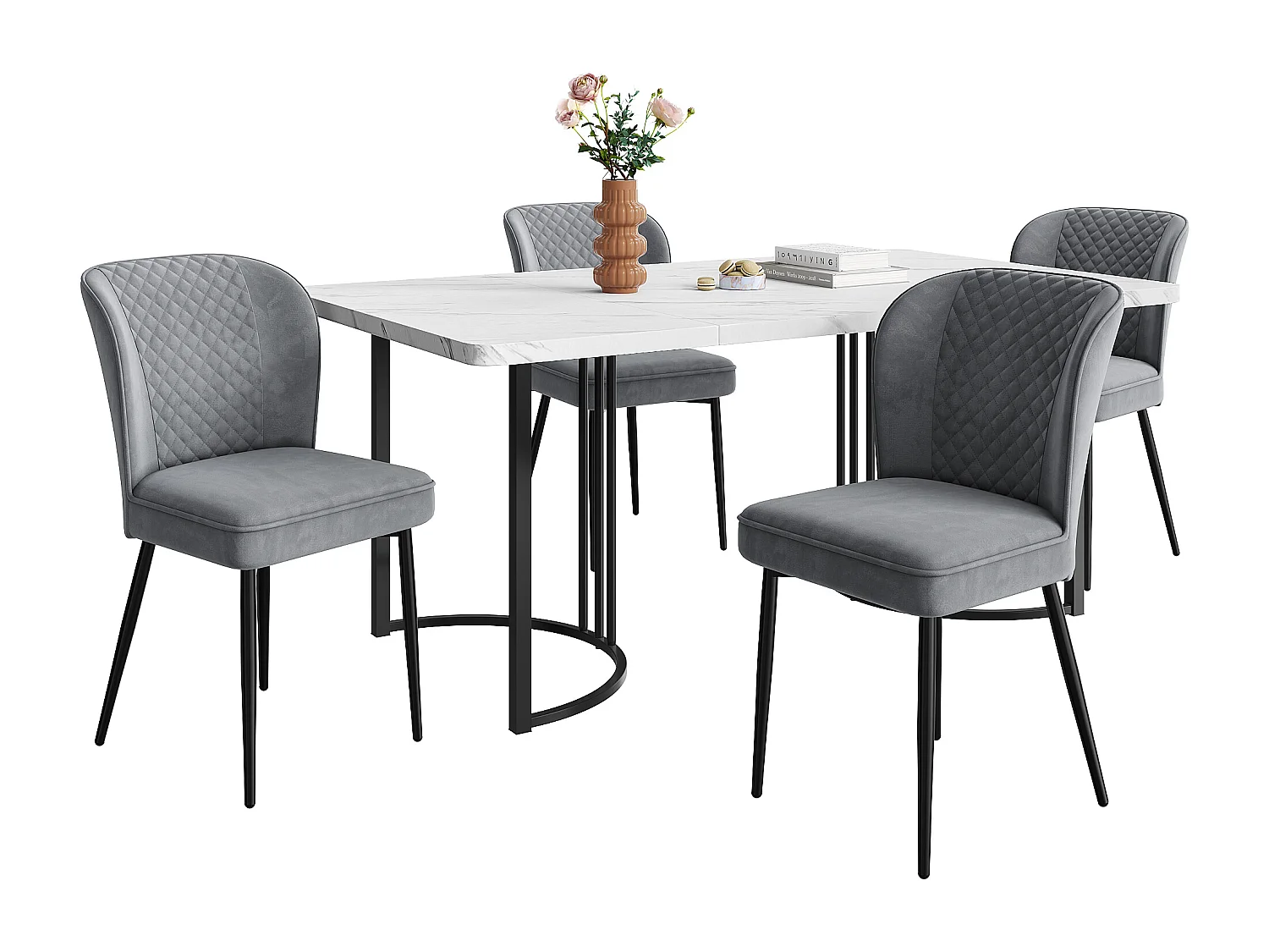 Ensemble table et chaises en velours et MDF, 140×80 cm, gris et blanc