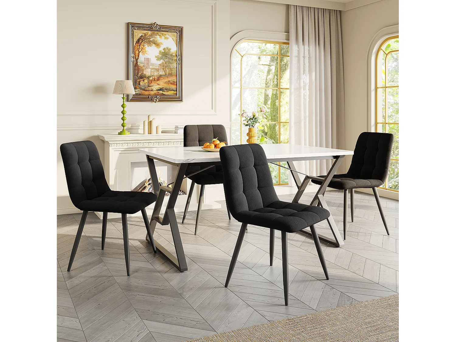 Grupo de sala de jantar de 5 peças, mesa 119x70 cm, 4 cadeiras de couro PU, pernas de ferro, preto