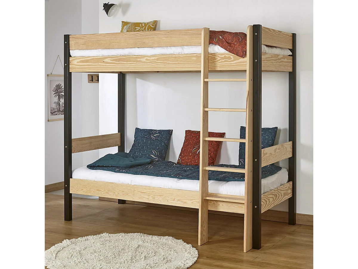 Lit superposé 90x190 cm bois massif noir et bois CLEM