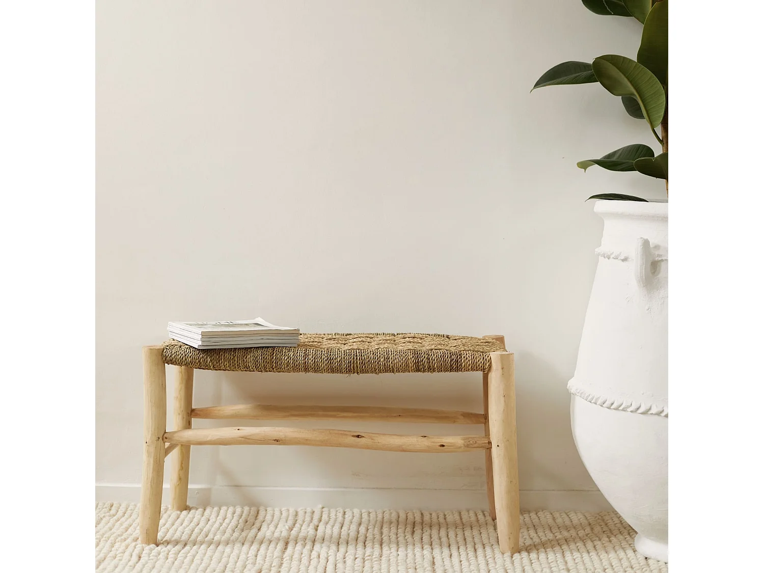 Banco marroquí de doum con trenzado en damero 80 cm