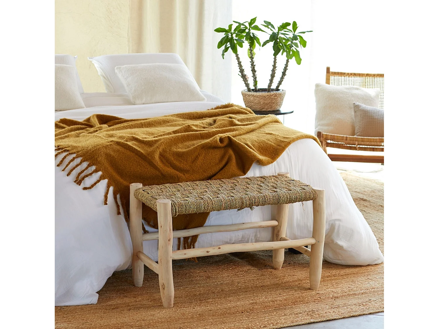 Banco marroquí de doum con trenzado en damero 80 cm