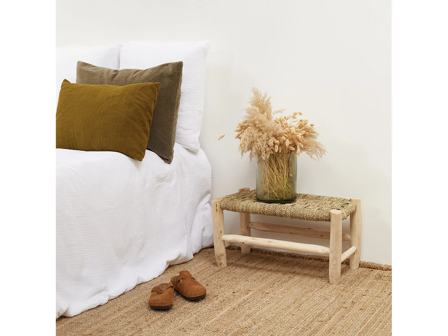 Banco marroquí de doum con trenzado en damero 60 cm