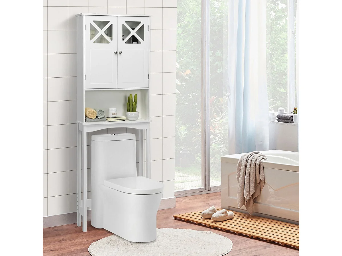Meuble WC au-Dessus des Toilettes Étagère de Rangement de Salle de Bain Hauteur Réglable 2 Portes avec Verre Trempé, Blanc